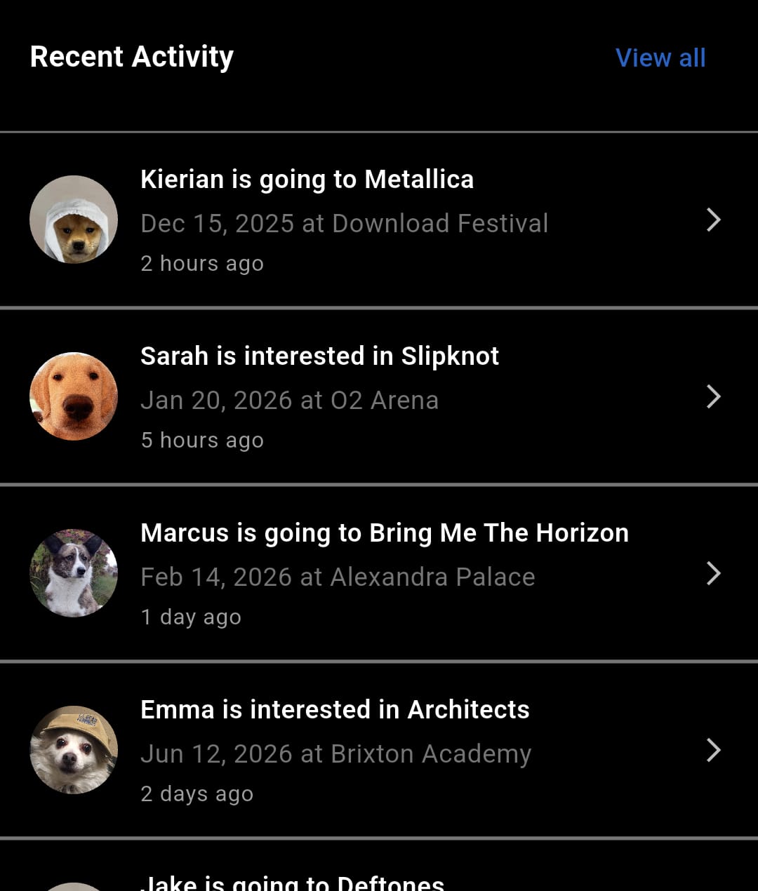 Gighead app friends screen showing friend activity